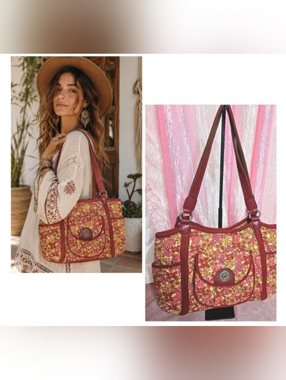 Brighton Hearts Floral Red Quilted Shoulder Purse Bag Tote With Charm 17x12"